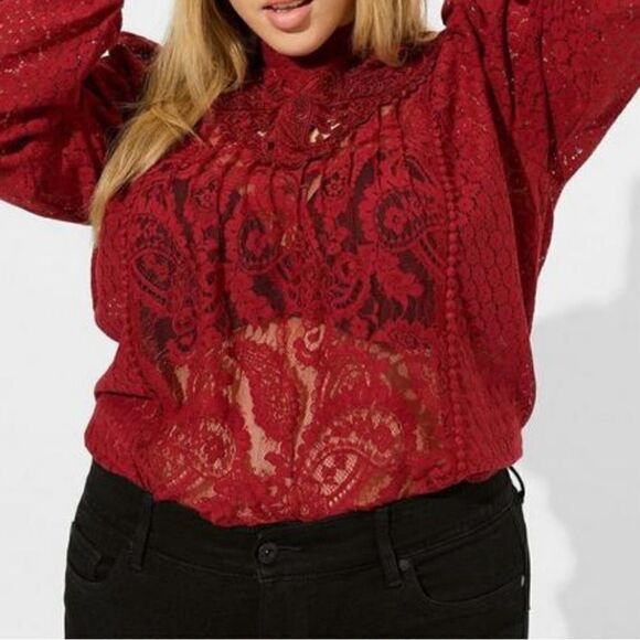 Torrid Red Lace Blouse, Long Sleeve, Puff Sleeves, Vintage inspired - Picture 1 of 16
